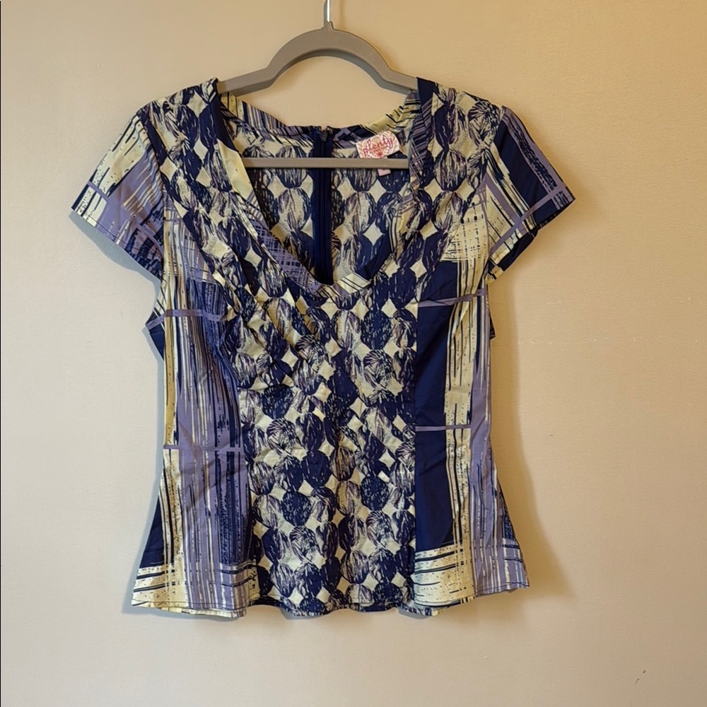 Plenty by Tracy Reese Blue and White Ruffled Fitted Blouse